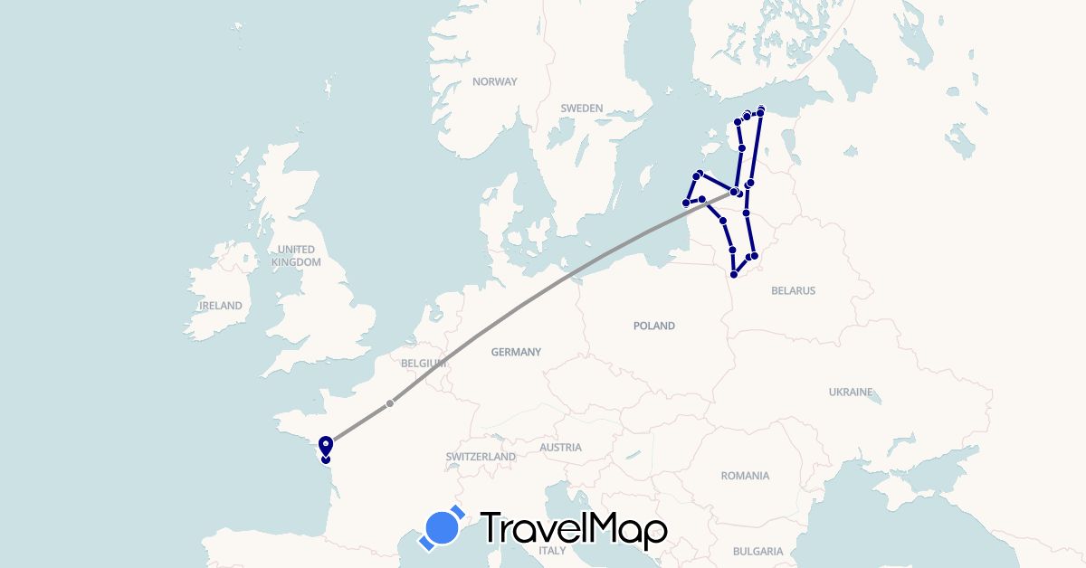 TravelMap itinerary: driving, plane in Estonia, France, Lithuania, Latvia (Europe)